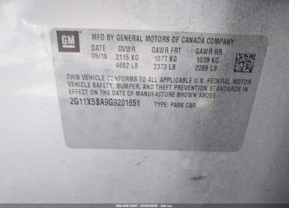 2016 CHEVROLET IMPALA 1FL VIN: 2G11X5SA9G9201651