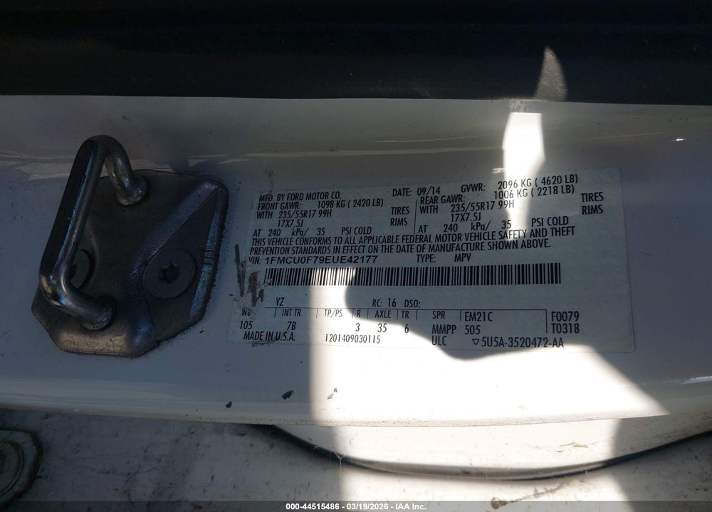 2014 FORD ESCAPE S VIN: 1FMCU0F79EUE42177