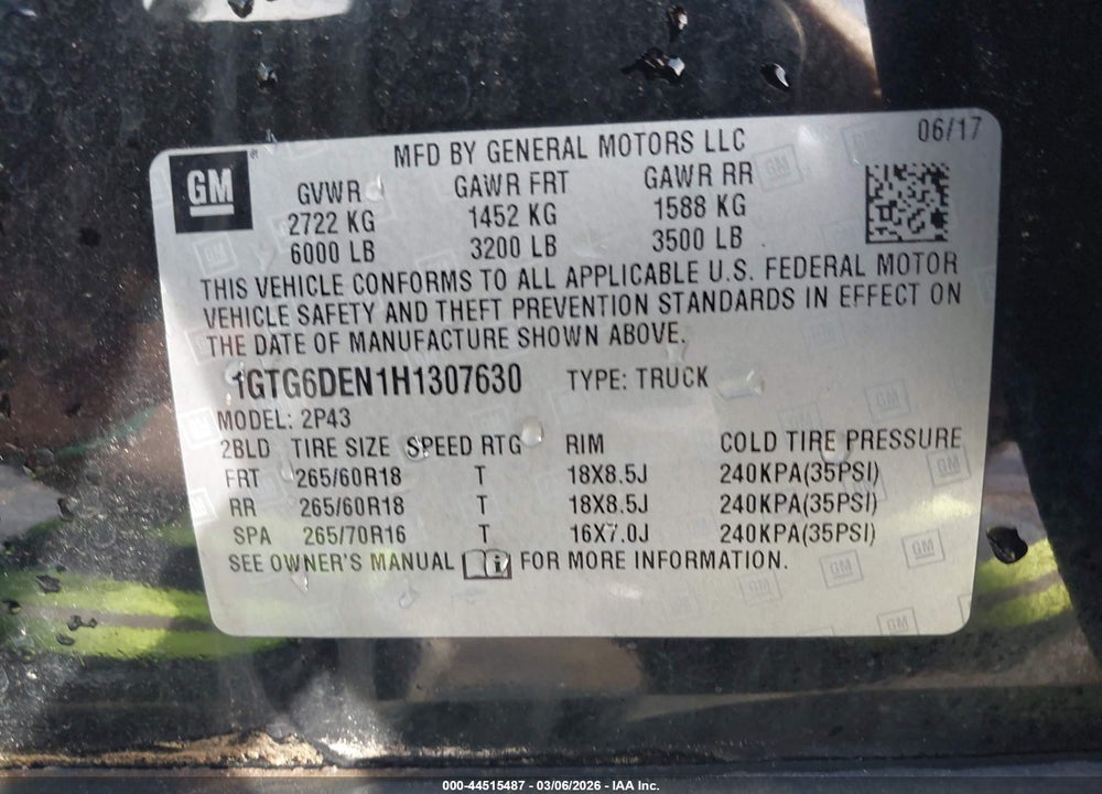 2017 GMC CANYON SLT VIN: 1GTG6DEN1H1307630