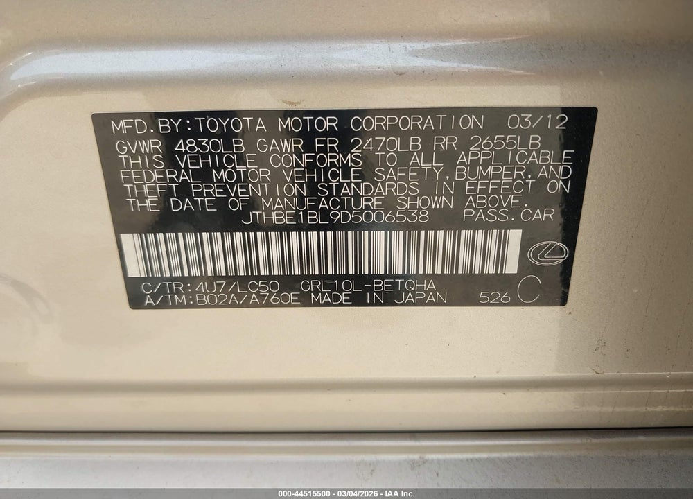 2013 LEXUS GS 350 VIN: JTHBE1BL9D5006538