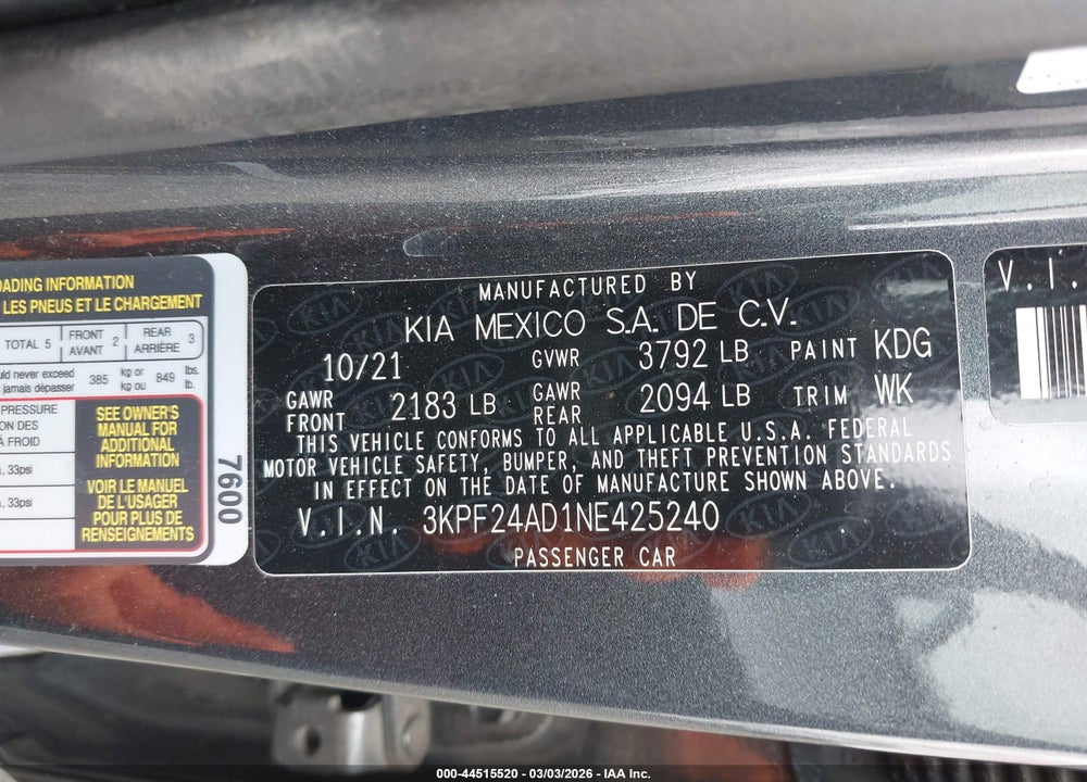 2022 KIA FORTE FE VIN: 3KPF24AD1NE425240