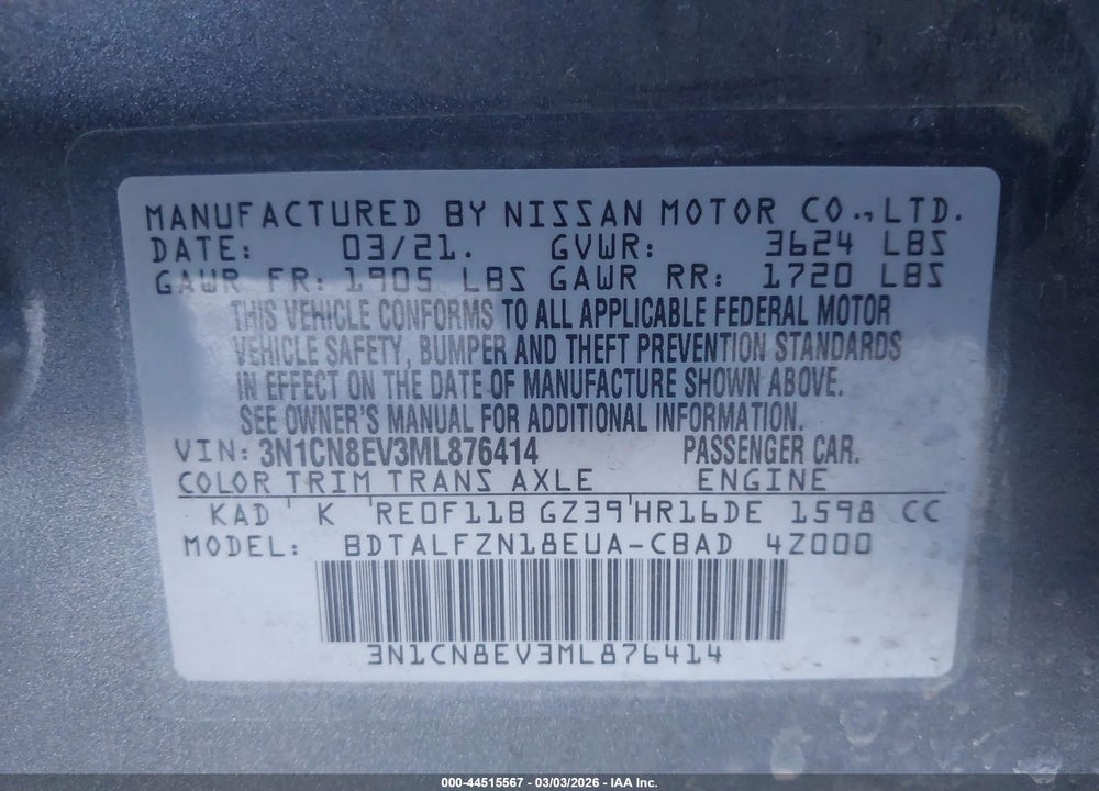 2021 NISSAN VERSA SV XTRONIC CVT VIN: 3N1CN8EV3ML876414