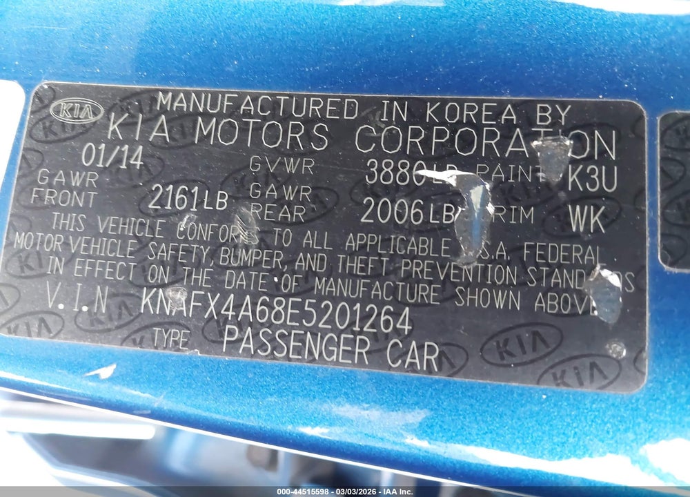 2014 KIA FORTE LX VIN: KNAFX4A68E5201264