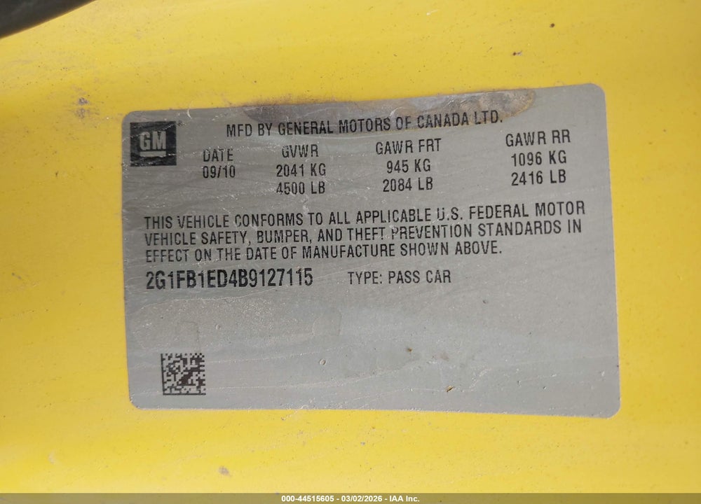 2011 CHEVROLET CAMARO VIN: 2G1FB1ED4B9127115