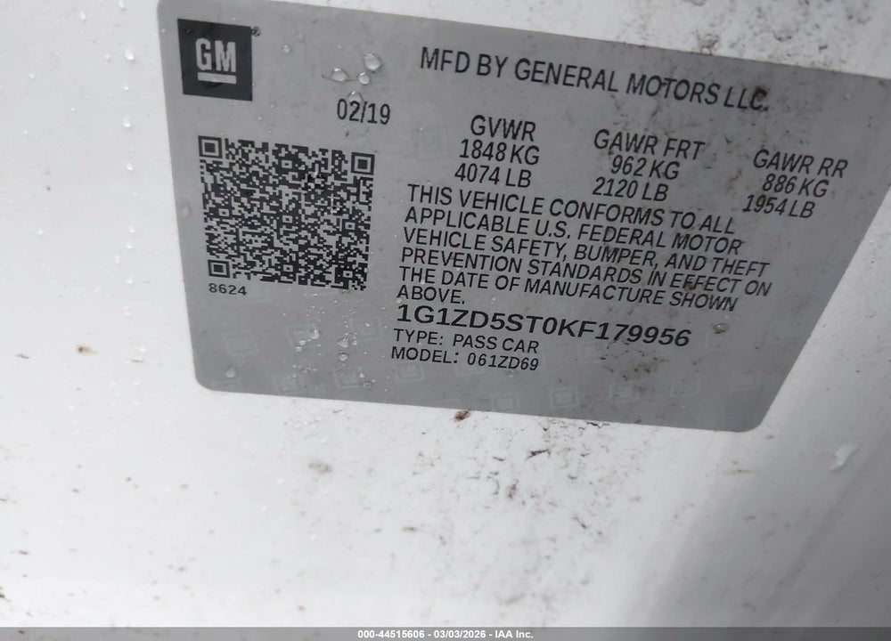 2019 CHEVROLET MALIBU LT VIN: 1G1ZD5ST0KF179956