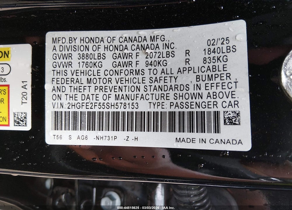 2025 HONDA CIVIC SPORT VIN: 2HGFE2F55SH578153