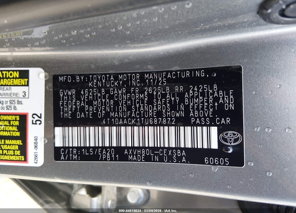 2026 TOYOTA CAMRY SE VIN: 4T1DAACK1TU687872