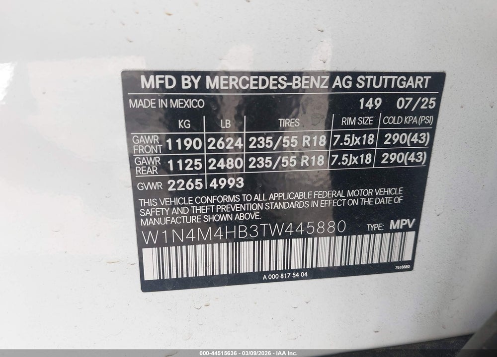 2026 MERCEDES-BENZ GLB 250 4MATIC VIN: W1N4M4HB3TW445880
