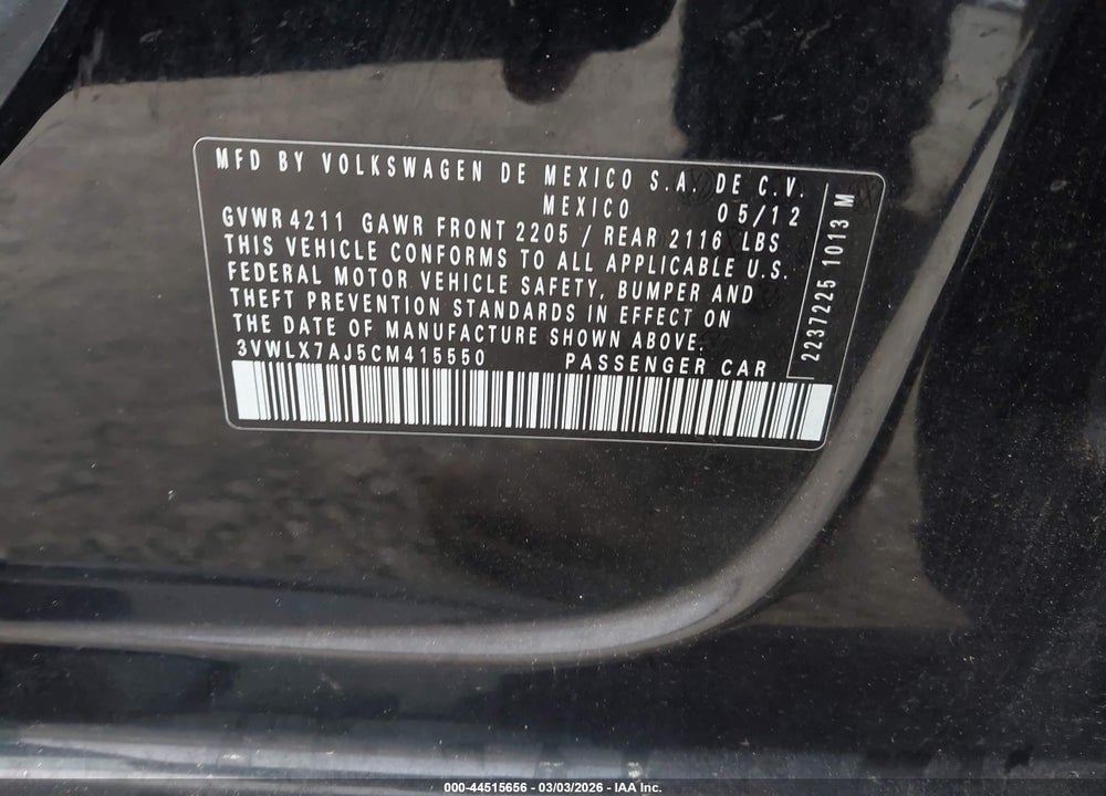 2012 VOLKSWAGEN JETTA 2.5L SEL VIN: 3VWLX7AJ5CM415550
