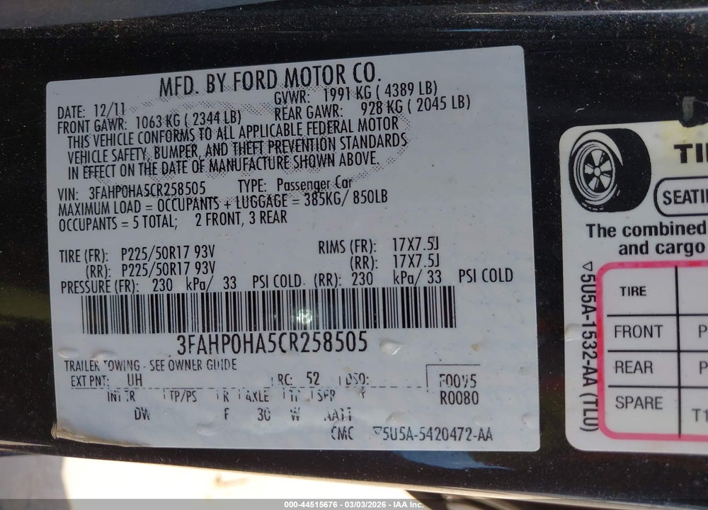 2012 FORD FUSION SE VIN: 3FAHP0HA5CR258505