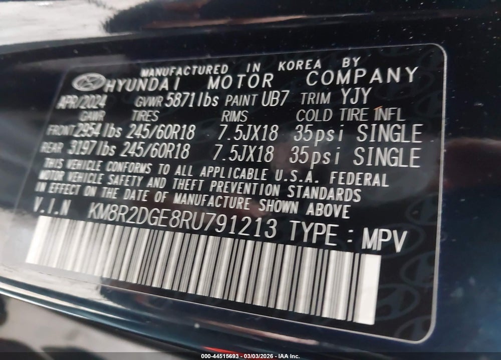 2024 HYUNDAI PALISADE SEL VIN: KM8R2DGE8RU791213