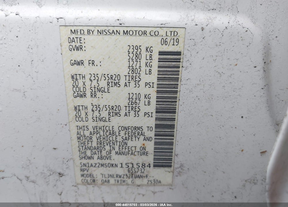 2019 NISSAN MURANO SL VIN: 5N1AZ2MS0KN151584