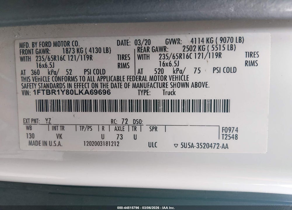 2020 FORD TRANSIT-250 CARGO VAN VIN: 1FTBR1Y80LKA69696