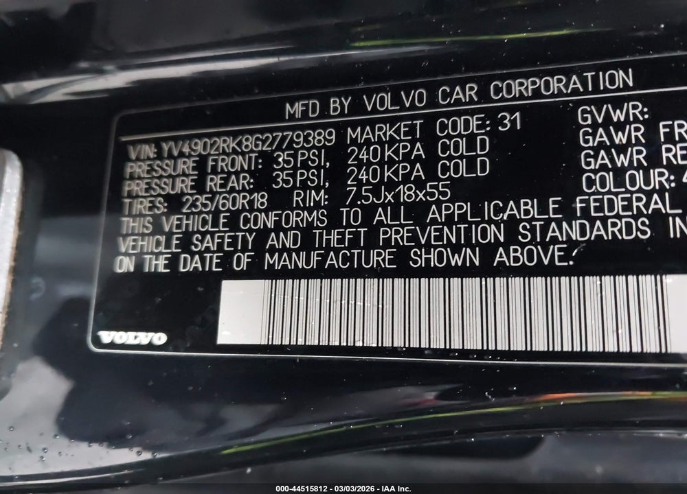 2016 VOLVO XC60 T6 VIN: YV4902RK8G2779389