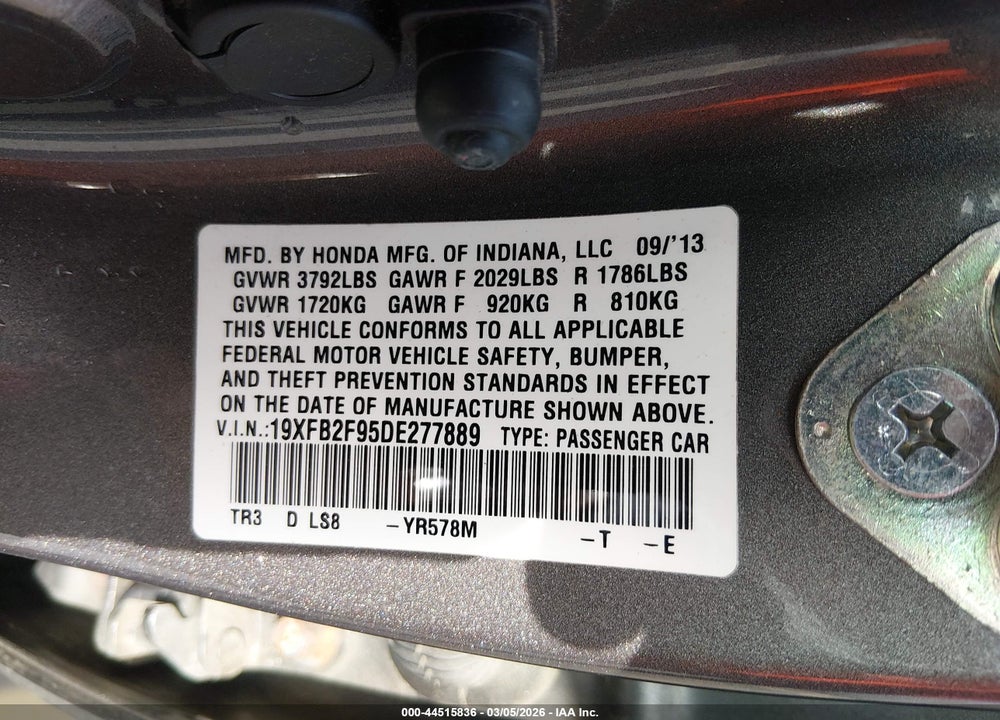 2013 HONDA CIVIC EX-L VIN: 19XFB2F95DE277889
