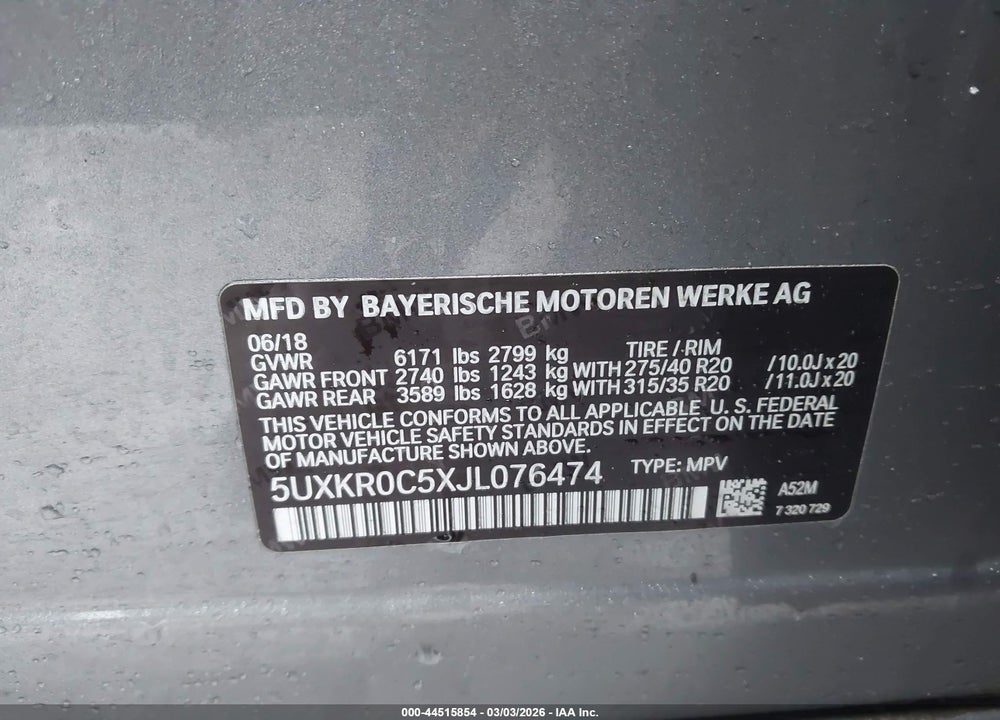 2018 BMW X5 XDRIVE35I VIN: 5UXKR0C5XJL076474