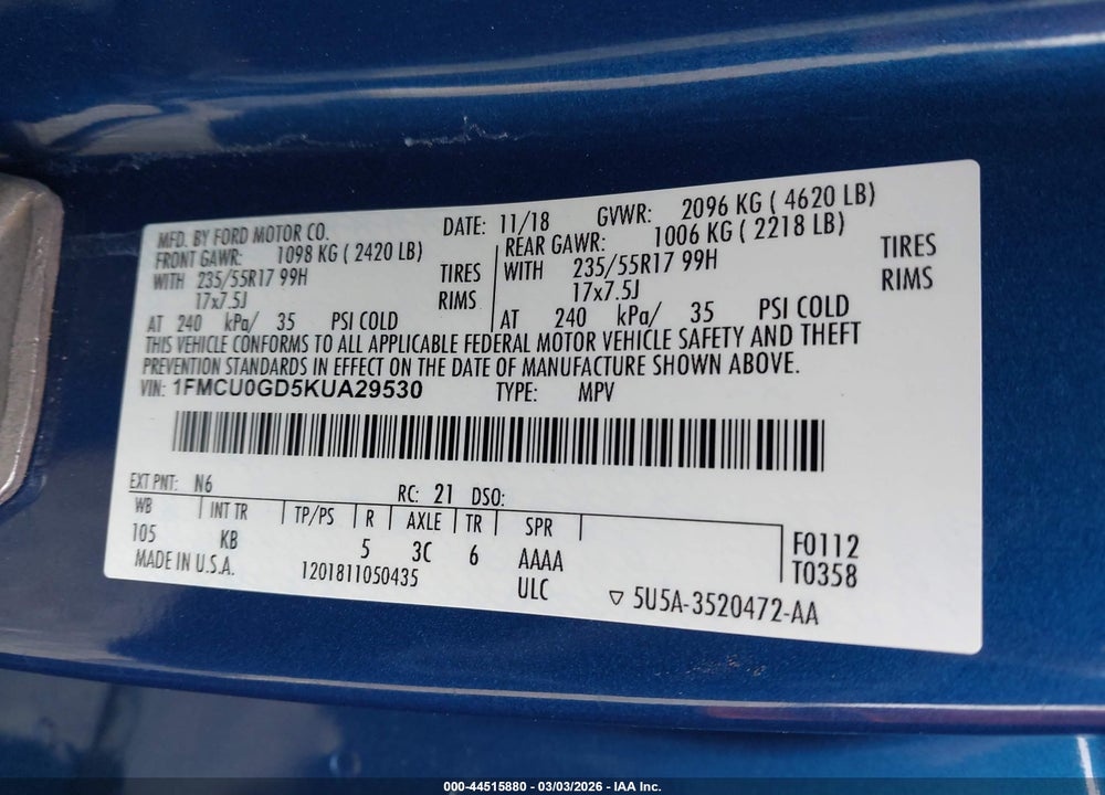 2019 FORD ESCAPE SE VIN: 1FMCU0GD5KUA29530
