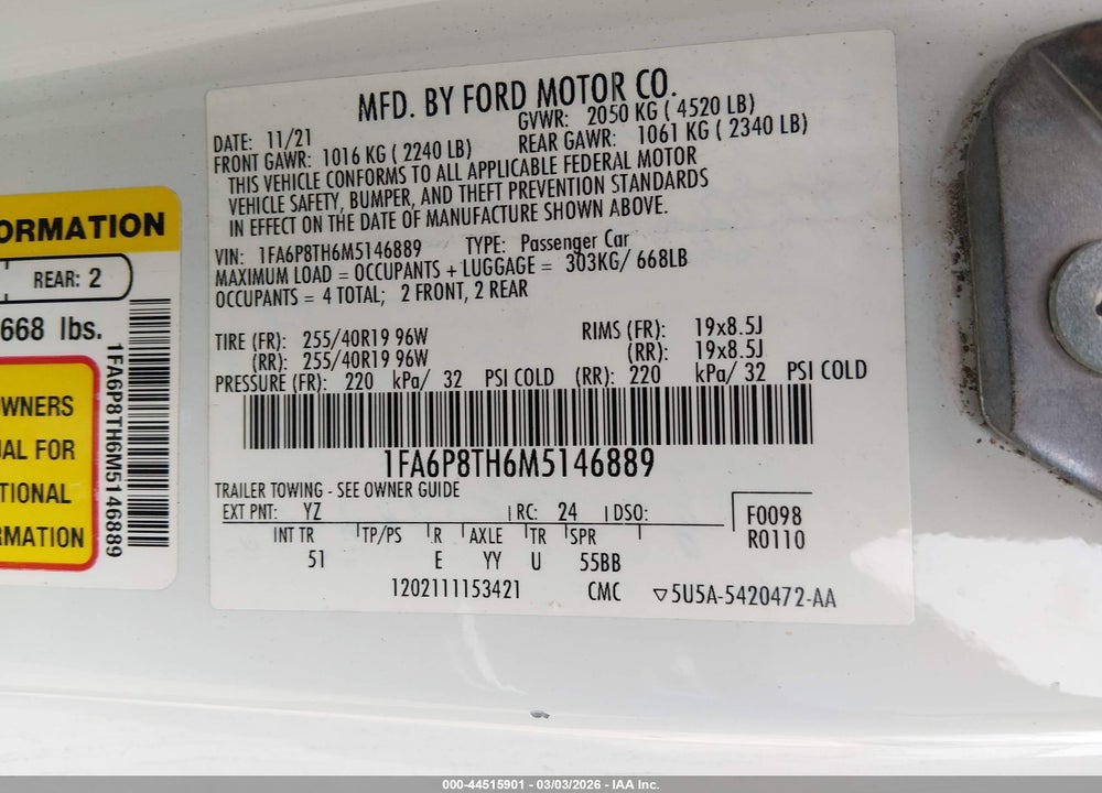 2021 FORD MUSTANG ECOBOOST PREMIUM FASTBACK VIN: 1FA6P8TH6M5146889