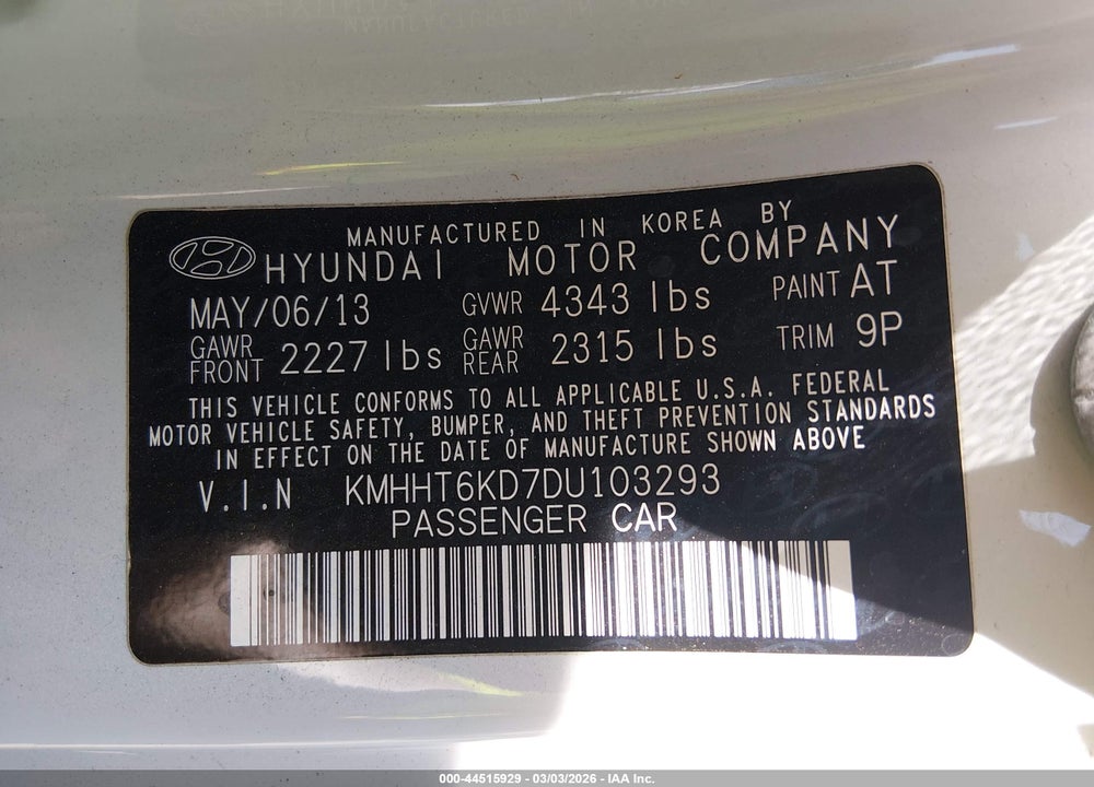 2013 HYUNDAI GENESIS 2.0T PREMIUM VIN: KMHHT6KD7DU103293