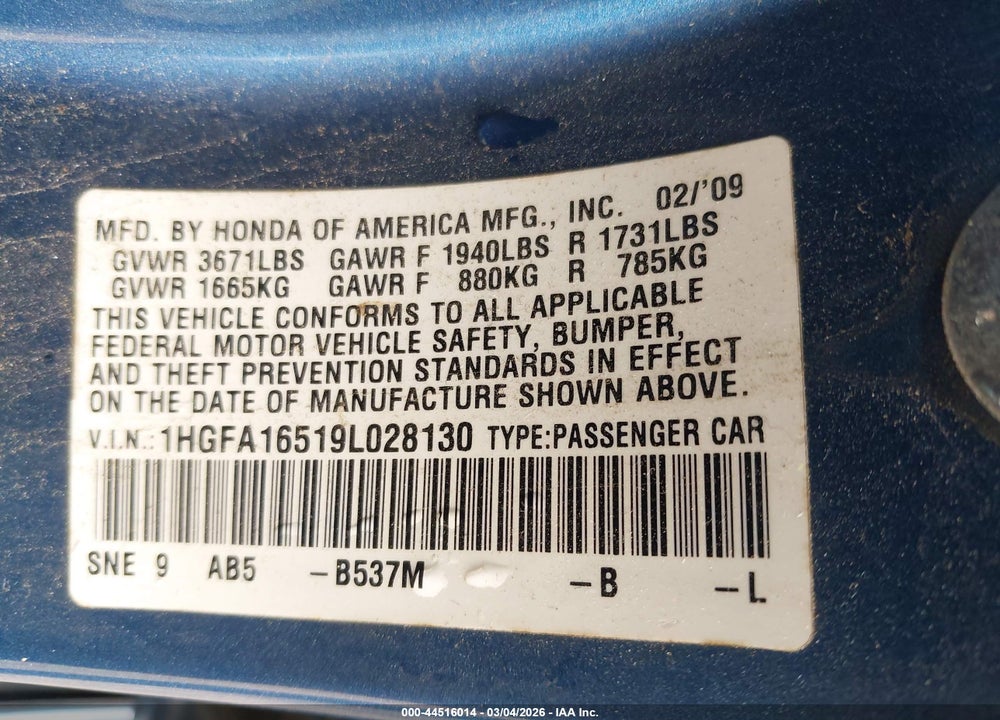 2009 HONDA CIVIC LX VIN: 1HGFA16519L028130