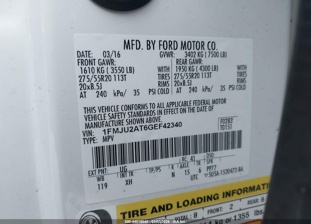 2016 FORD EXPEDITION LIMITED VIN: 1FMJU2AT6GEF42340