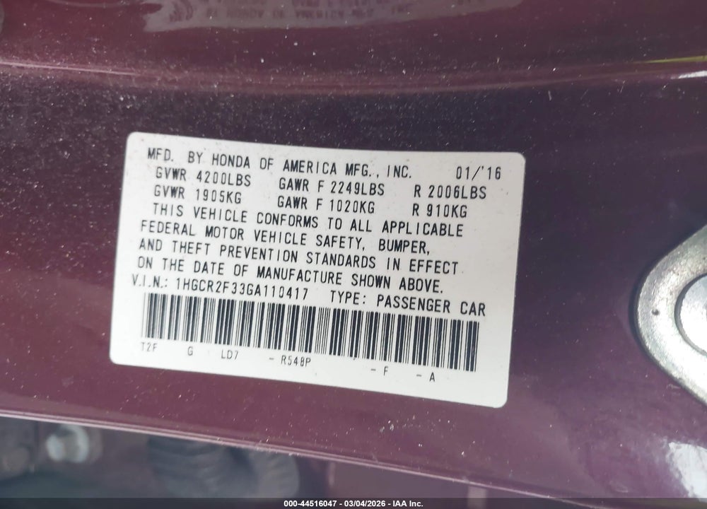 2016 HONDA ACCORD LX VIN: 1HGCR2F33GA110417