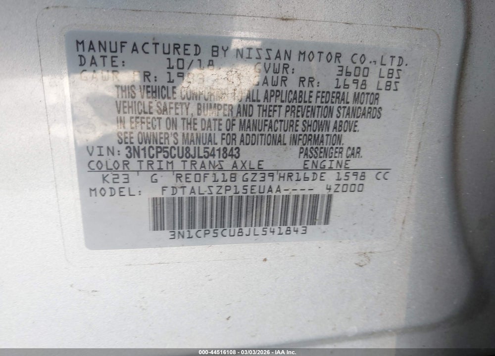 2018 NISSAN KICKS SV VIN: 3N1CP5CU8JL541843