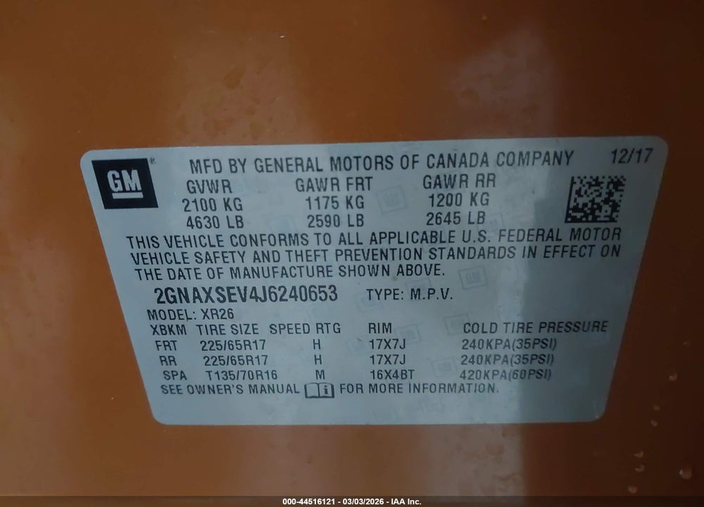 2018 CHEVROLET EQUINOX LT VIN: 2GNAXSEV4J6240653