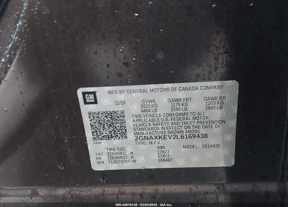 2020 CHEVROLET EQUINOX FWD LT 1.5L TURBO VIN: 2GNAXKEV2L6169438