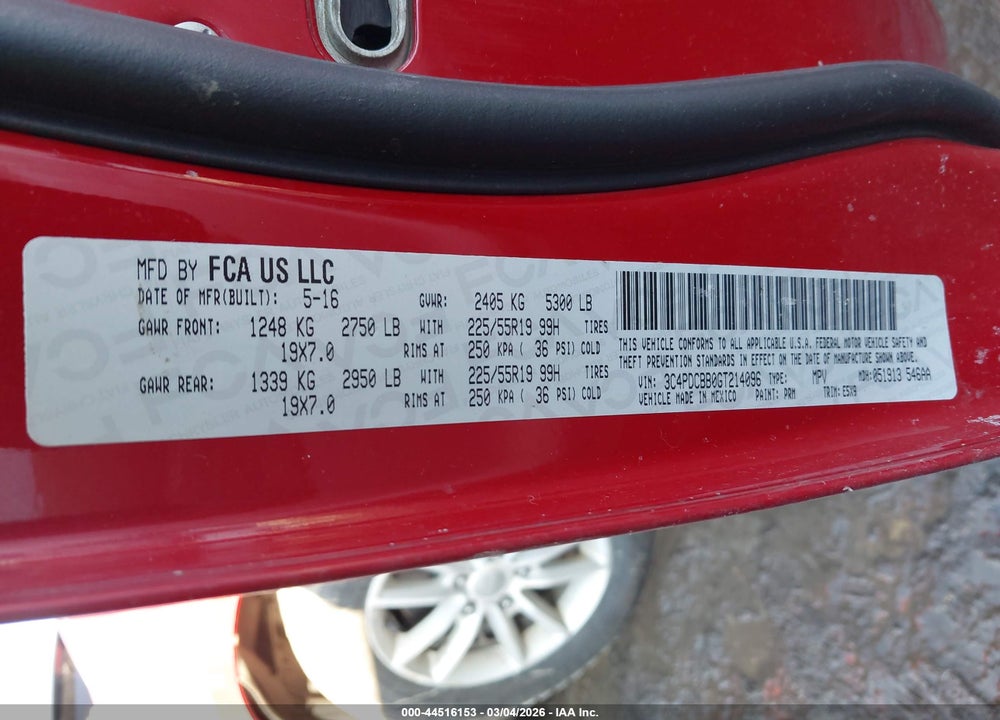 2016 DODGE JOURNEY SXT VIN: 3C4PDCBB2GT198483