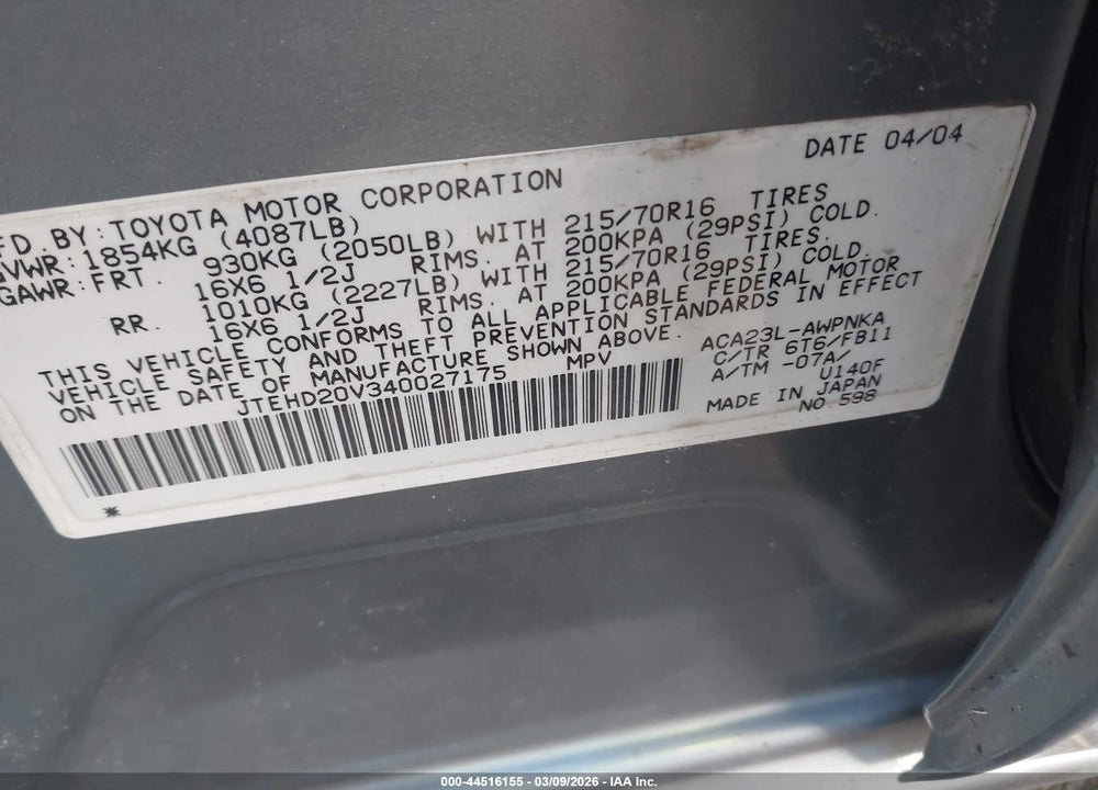 2004 TOYOTA RAV4 VIN: JTEHD20V340027175