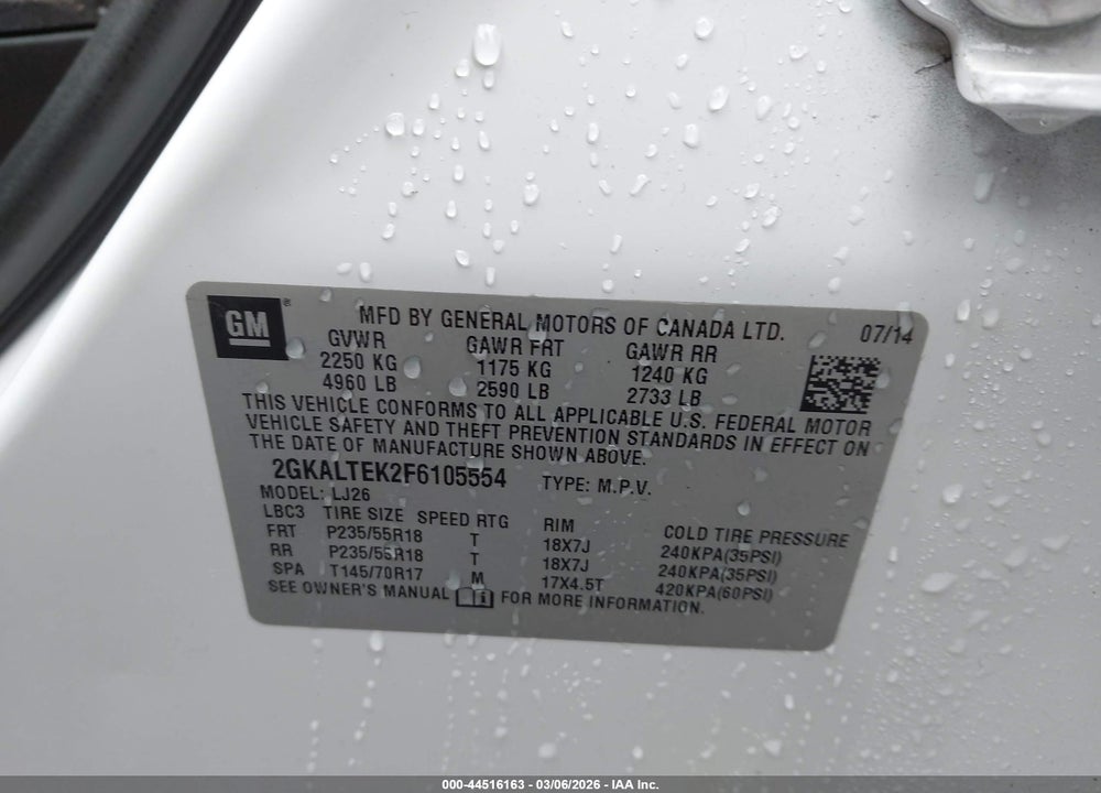 2015 GMC TERRAIN SLT-2 VIN: 2GKALTEK2F6105554