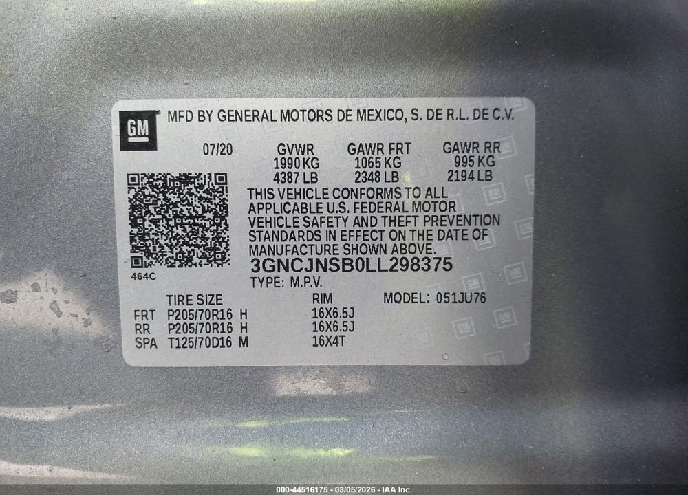 2020 CHEVROLET TRAX AWD LS VIN: 3GNCJNSB0LL298375