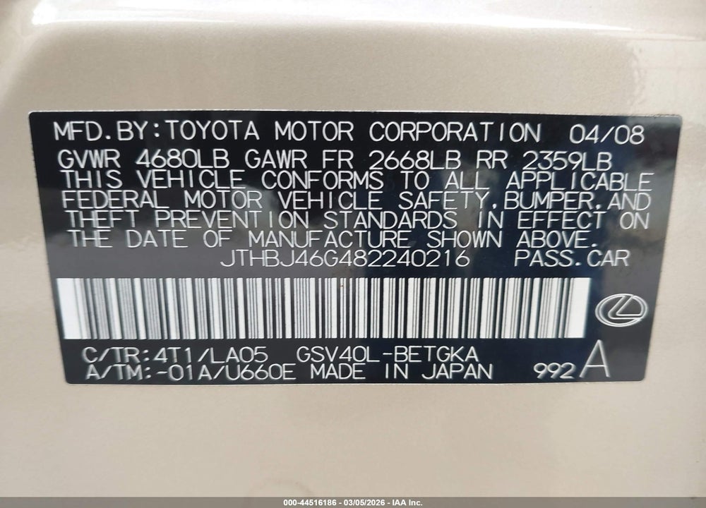 2008 LEXUS ES 350 VIN: JTHBJ46G482240216