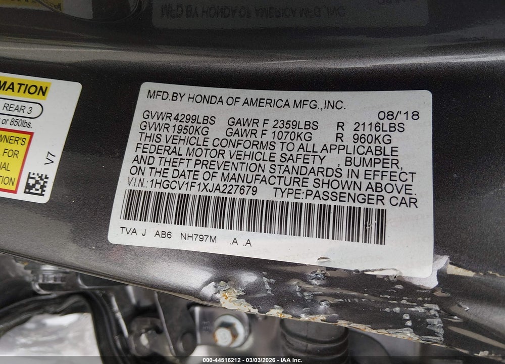 2018 HONDA ACCORD LX VIN: 1HGCV1F1XJA227679