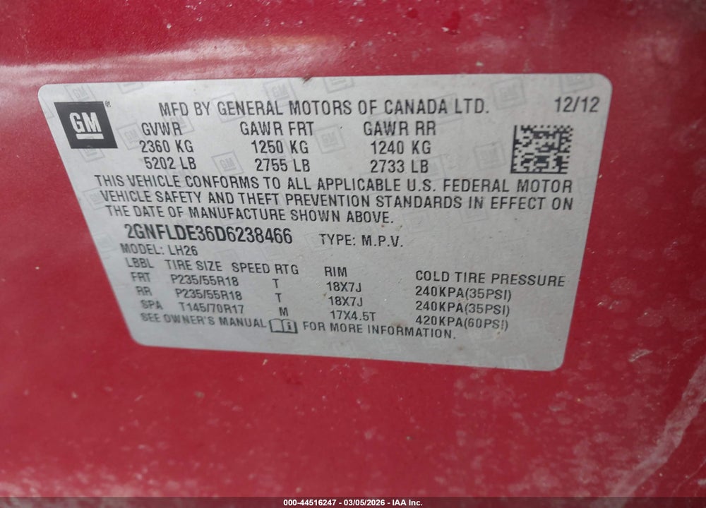 2013 CHEVROLET EQUINOX 1LT VIN: 2GNFLDE36D6238466