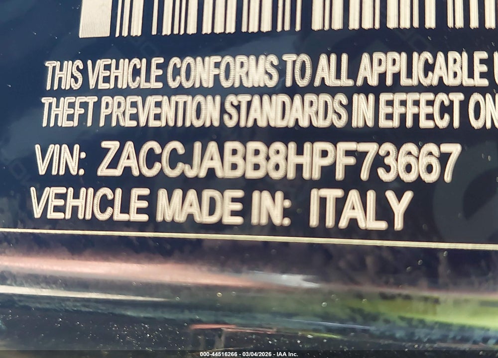 2017 JEEP RENEGADE ALTITUDE FWD VIN: ZACCJABB8HPF73667
