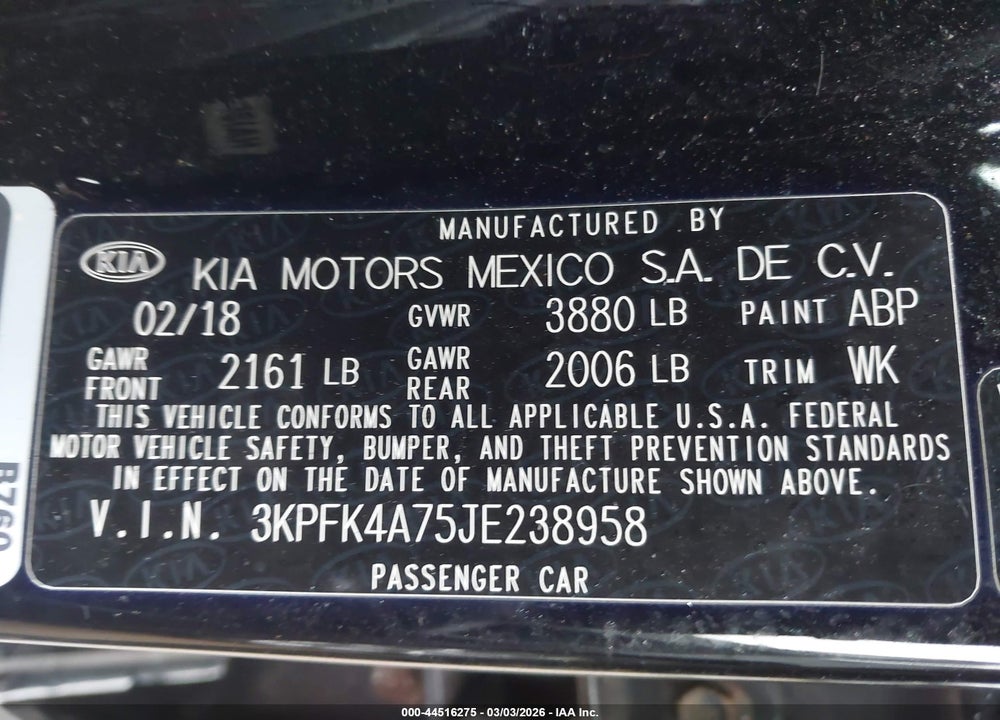 2018 KIA FORTE LX VIN: 3KPFK4A75JE238958