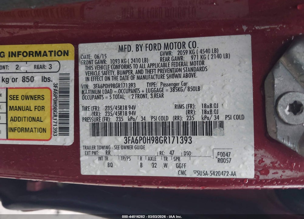 2016 FORD FUSION SE VIN: 3FA6P0H98GR171393