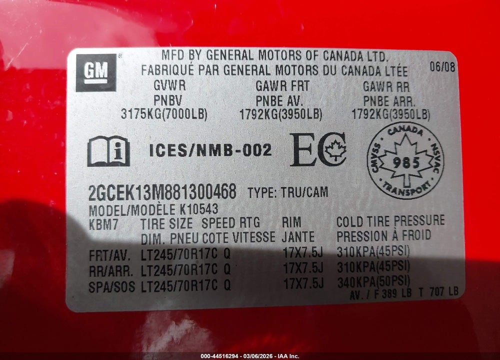 2008 CHEVROLET SILVERADO 1500 LT1/LT2/LTZ/WORK TRUCK VIN: 2GCEK13M881300468