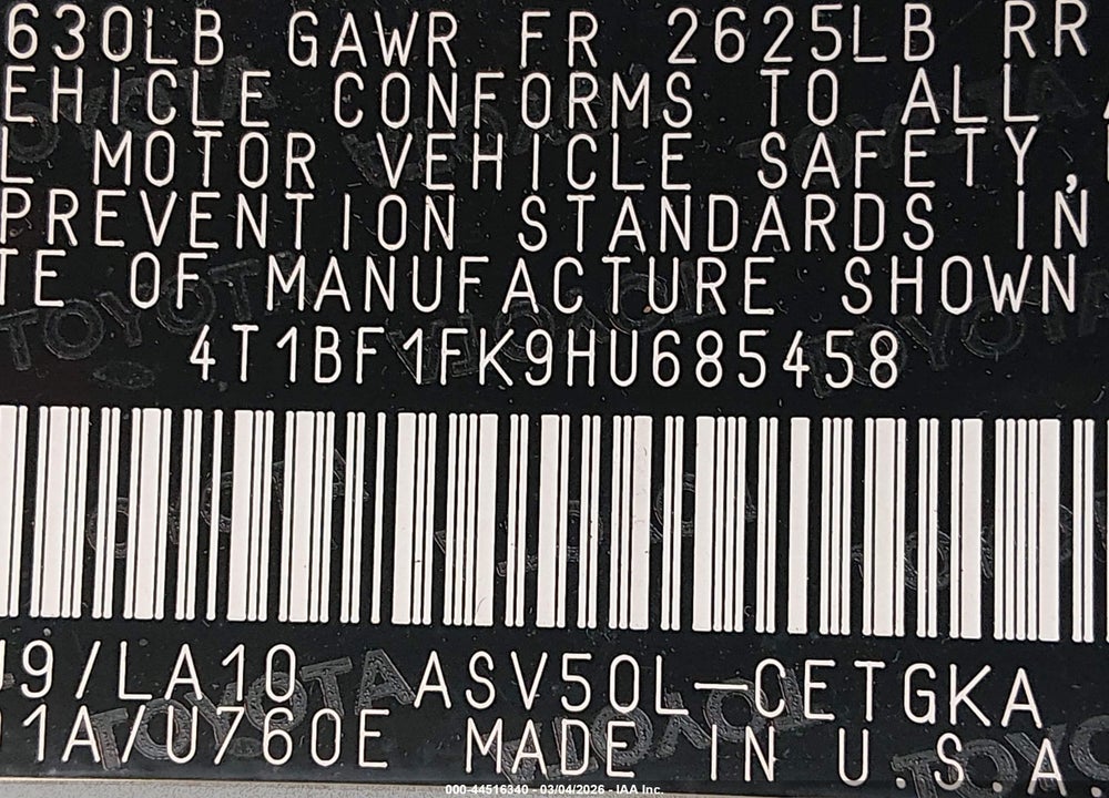 2017 TOYOTA CAMRY XLE VIN: 4T1BF1FK9HU685458