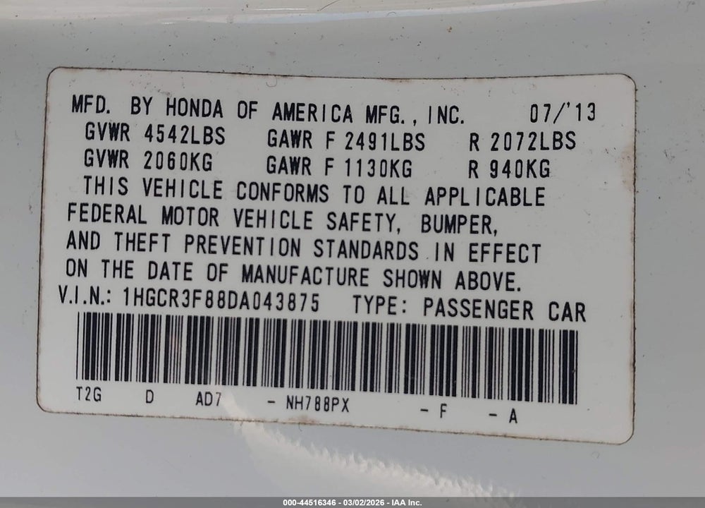 2013 HONDA ACCORD EX-L V-6 VIN: 1HGCR3F88DA043875
