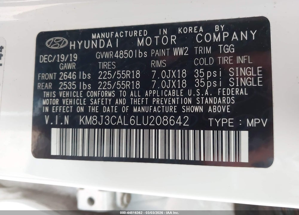 2020 HYUNDAI TUCSON SEL VIN: KM8J3CAL6LU208642