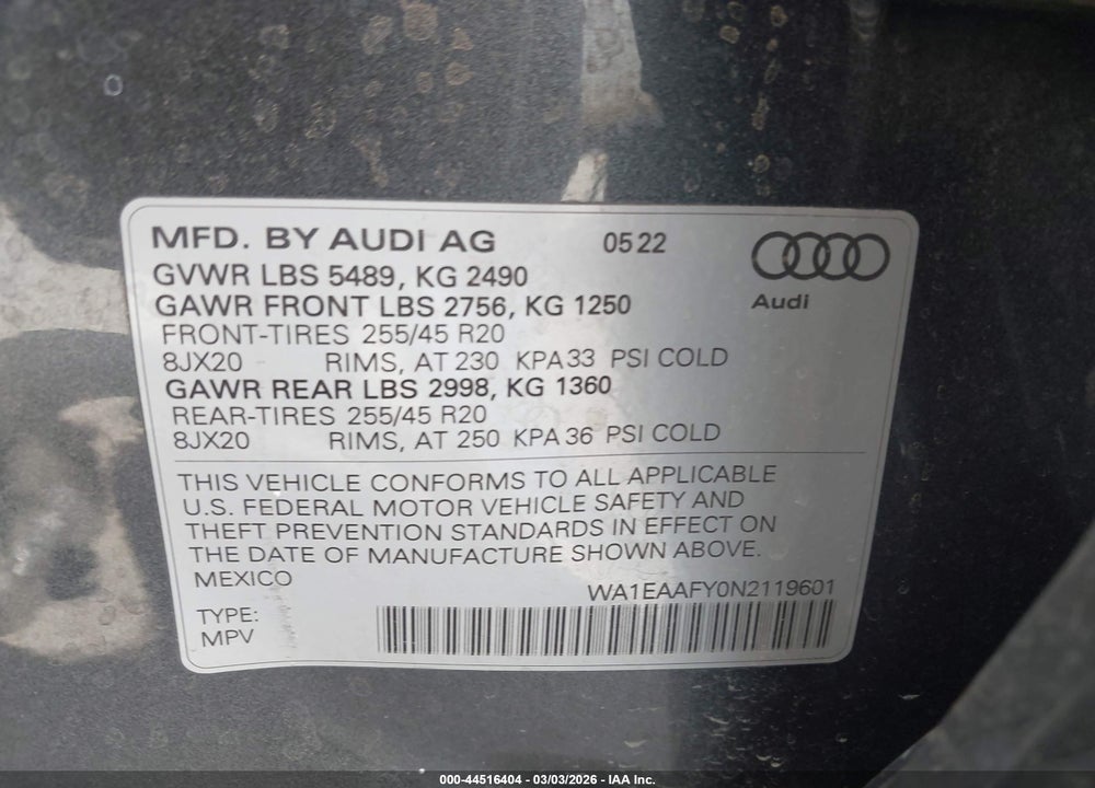 2022 AUDI Q5 PREMIUM PLUS 45 TFSI S LINE QUATTRO S TRONIC VIN: WA1EAAFY0N2119601