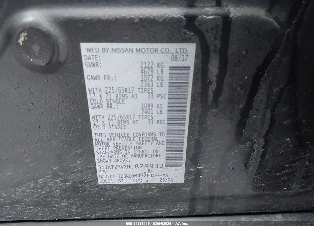 2017 NISSAN ROGUE SV VIN: 5N1AT2MVXHC879932