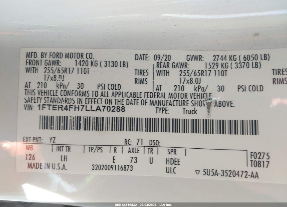 2020 FORD RANGER XL VIN: 1FTER4FH7LLA70288