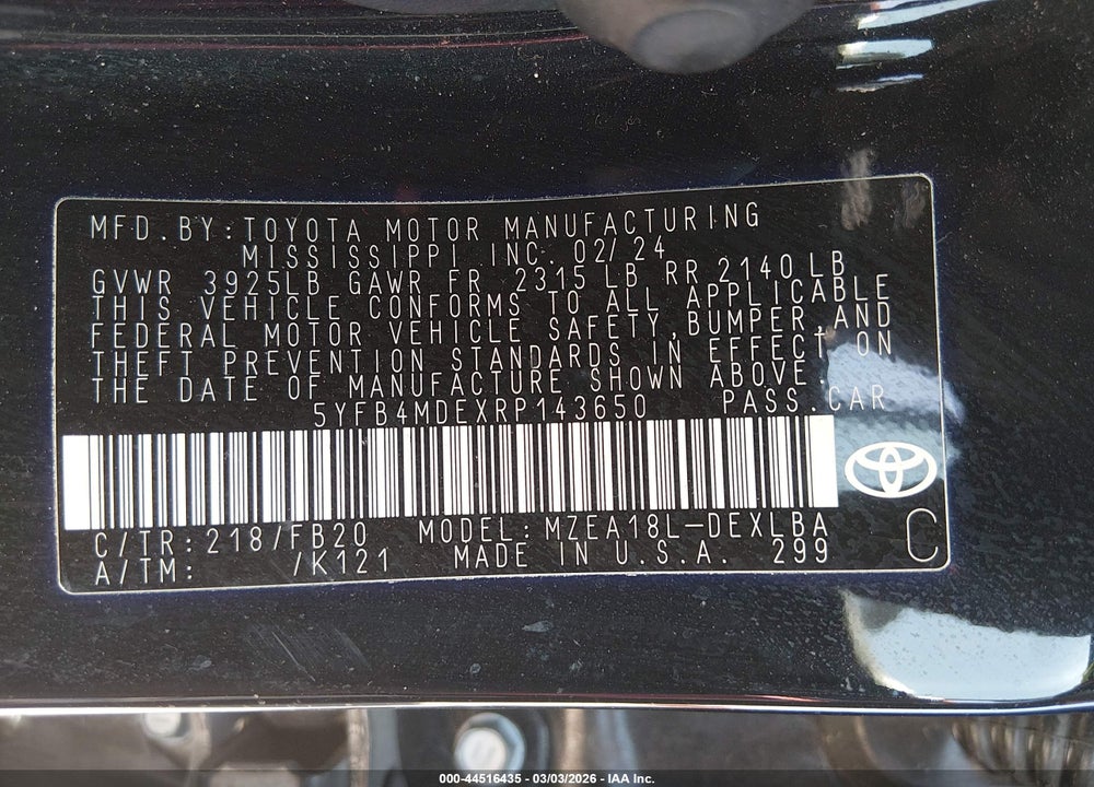 2024 TOYOTA COROLLA LE VIN: 5YFB4MDEXRP143650