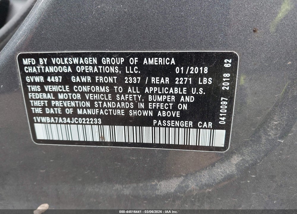 2018 VOLKSWAGEN PASSAT 2.0T SE VIN: 1VWBA7A34JC022233