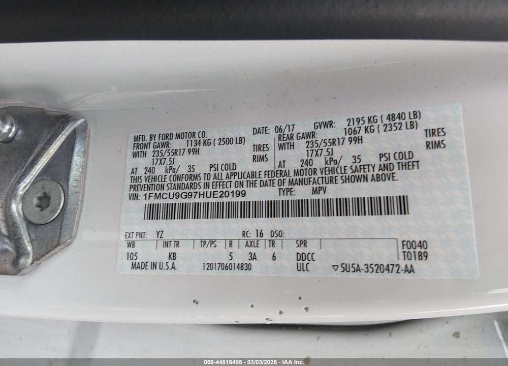 2017 FORD ESCAPE SE VIN: 1FMCU9G97HUE20199