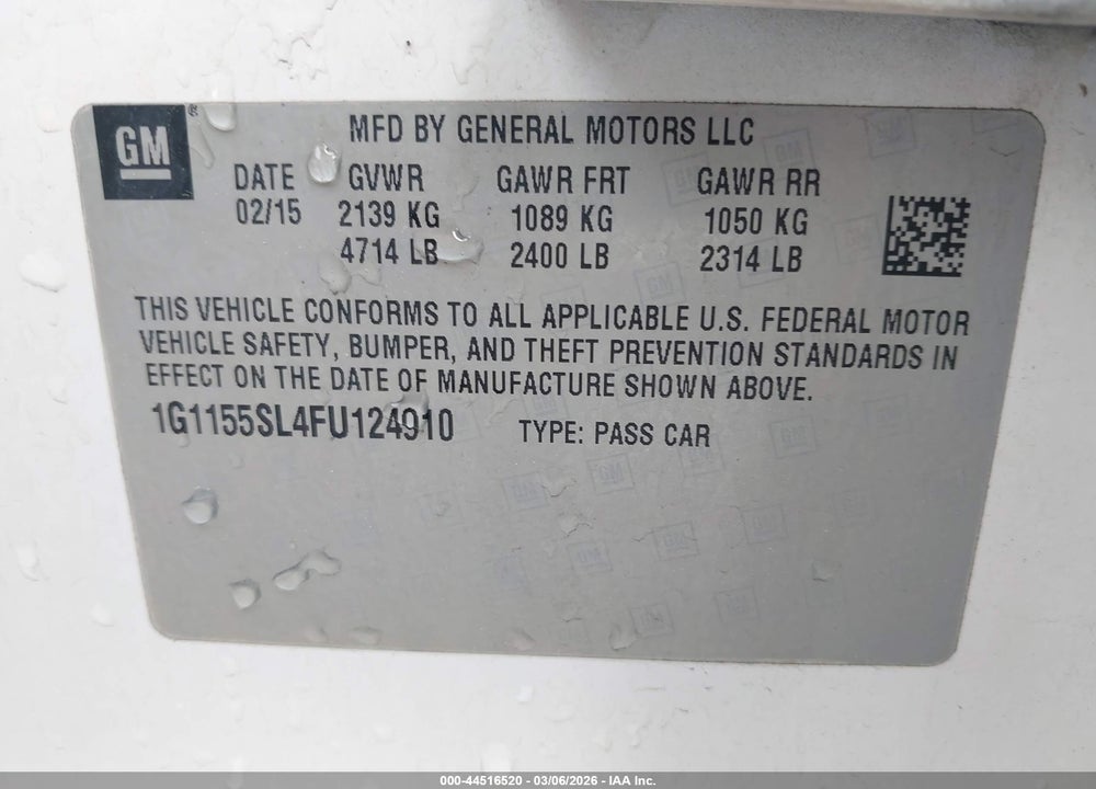 2015 CHEVROLET IMPALA 1LZ VIN: 1G1155SL4FU124910